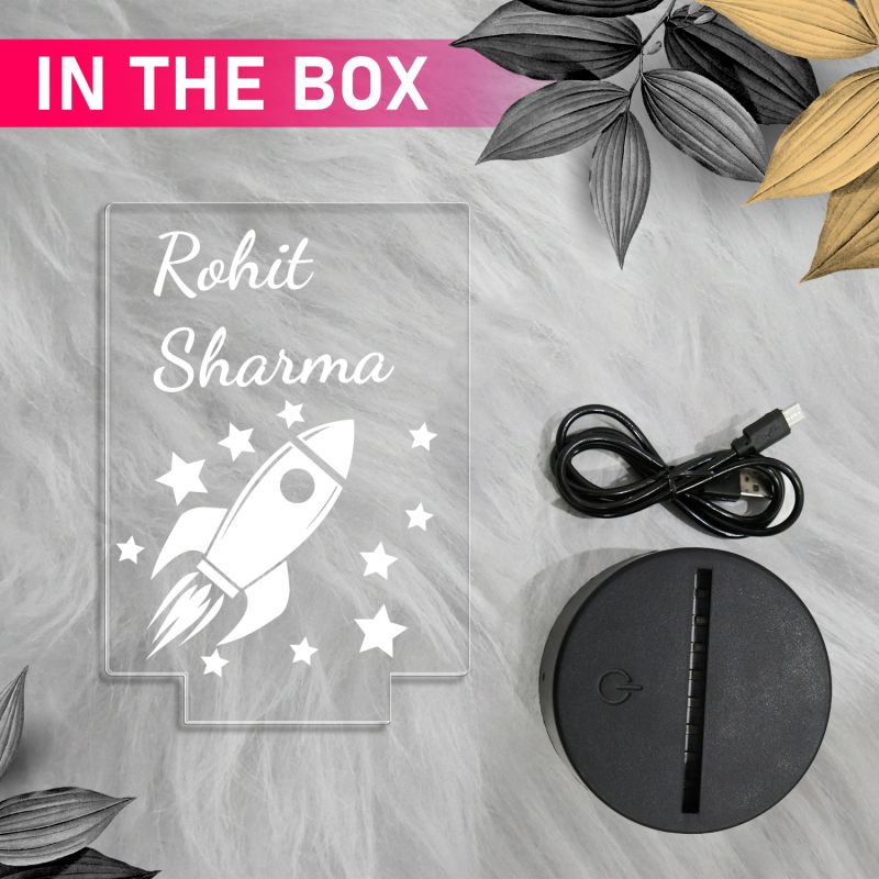 Customized Rocket Themed Illusion Lamp with  Warm white Glow LED Night Light with Black Base Birthday Return Gift for Son, Daughter & Kids